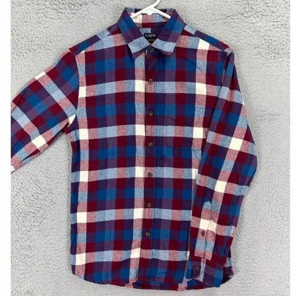 J Crew Flannel Shirt Adult Small Red Blue Plaid Button Up Long Sleeve Cotton Men